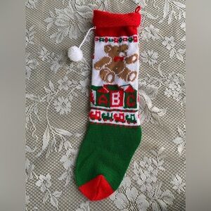 Vintage Christmas Stocking Knit ABC Teddy Bear Pom Pom Red White